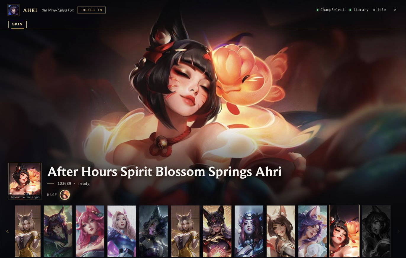The tibbers window during champ select: Ahri is locked in, a splash of After Hours Spirit Blossom Springs Ahri fills the window, and a rail of her other skins runs along the bottom.